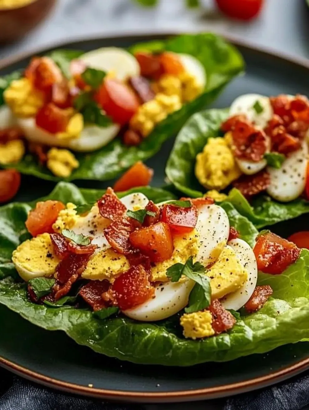 Two plates of food with eggs and bacon.