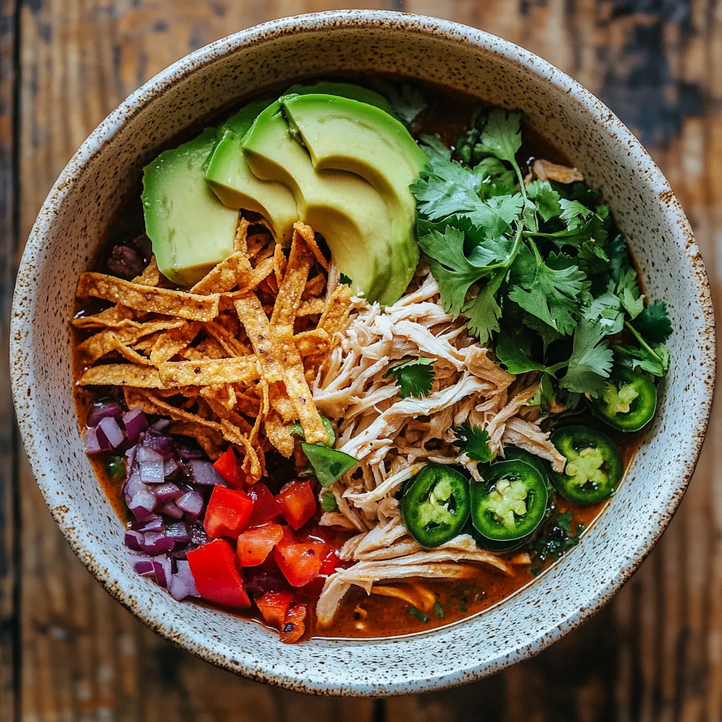 A bowl of food with chips, avocado, and chicken.