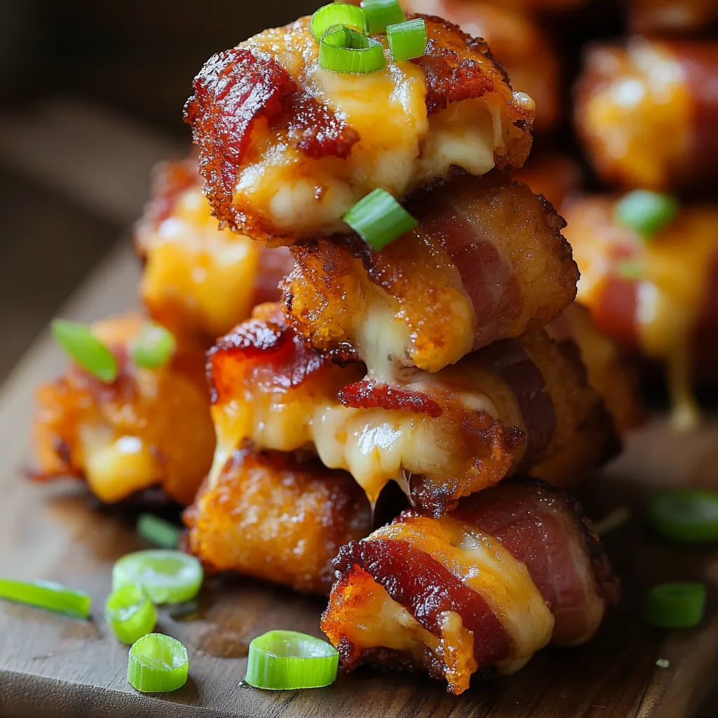 Bacon wrapped cheese sticks on a wooden cutting board.