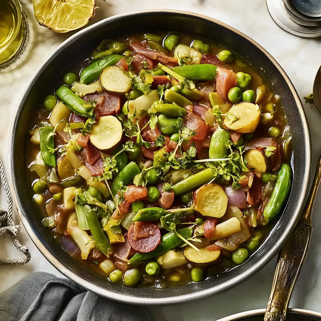 A bowl of food with green beans and peas.