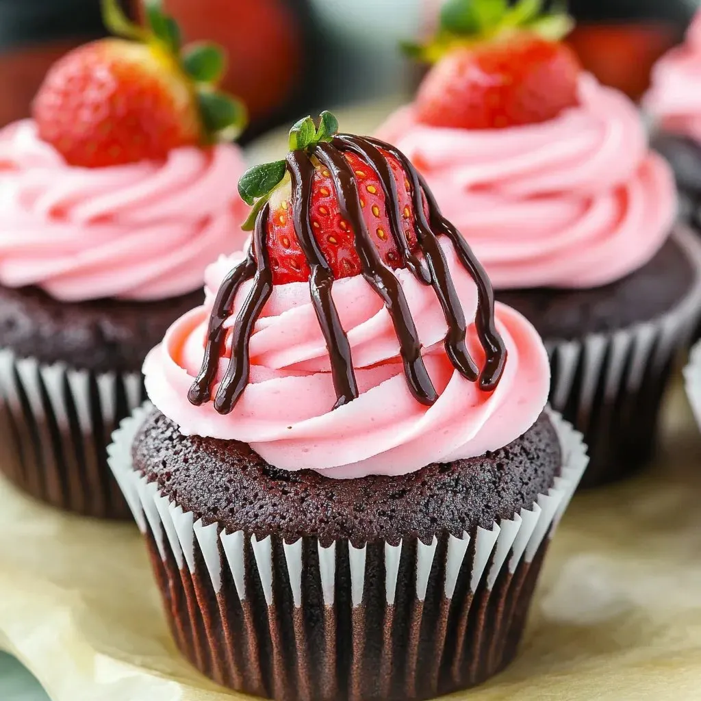 A cupcake with chocolate frosting and strawberries on top.