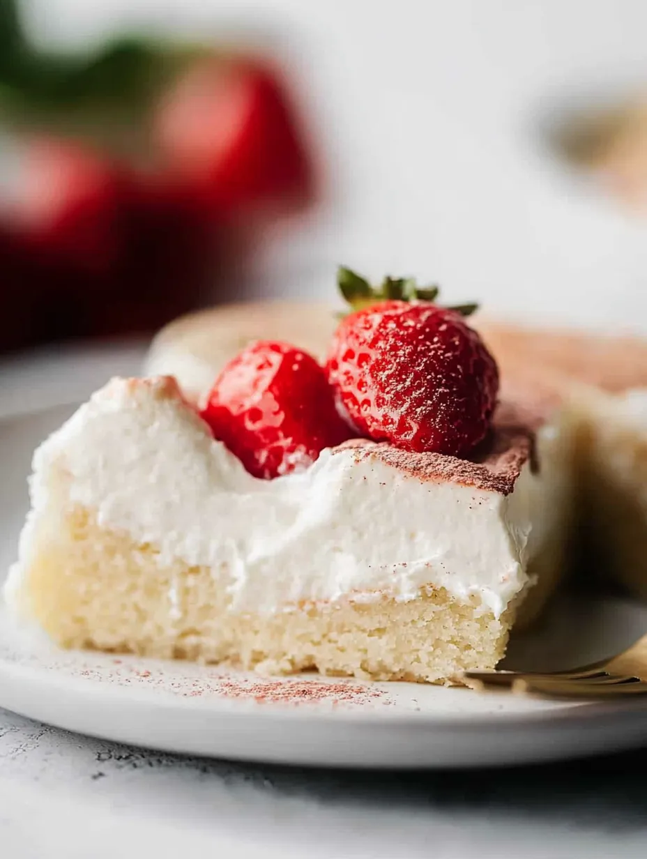 A slice of vegan tres leches cake with strawberries on top.