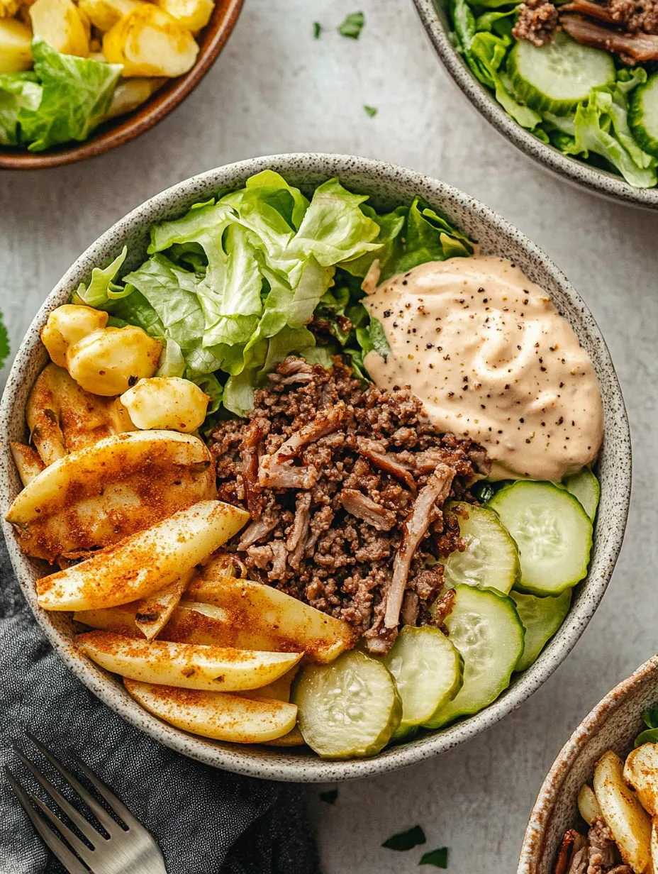 A bowl of food with a salad and meat.