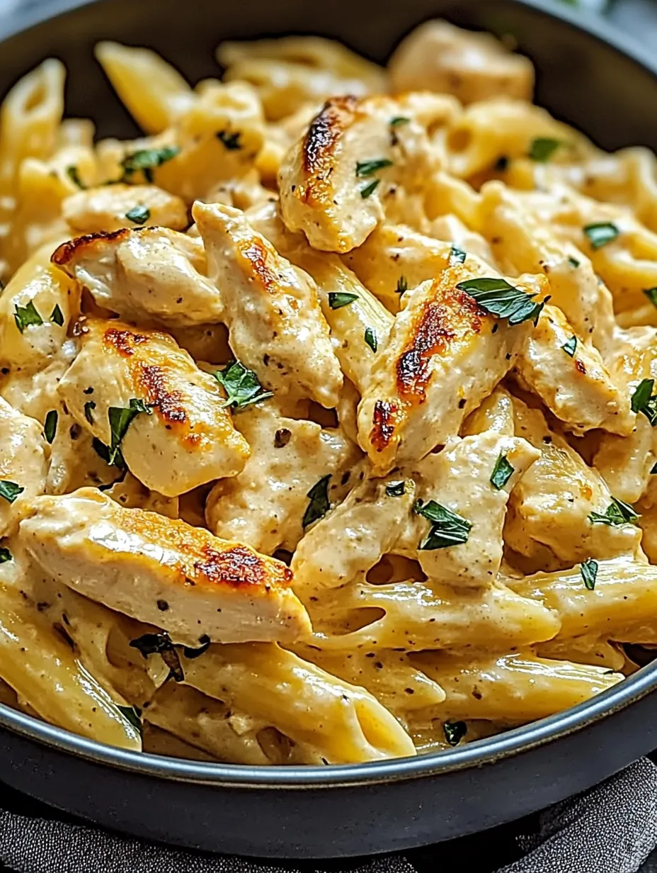 A bowl of chicken and pasta.