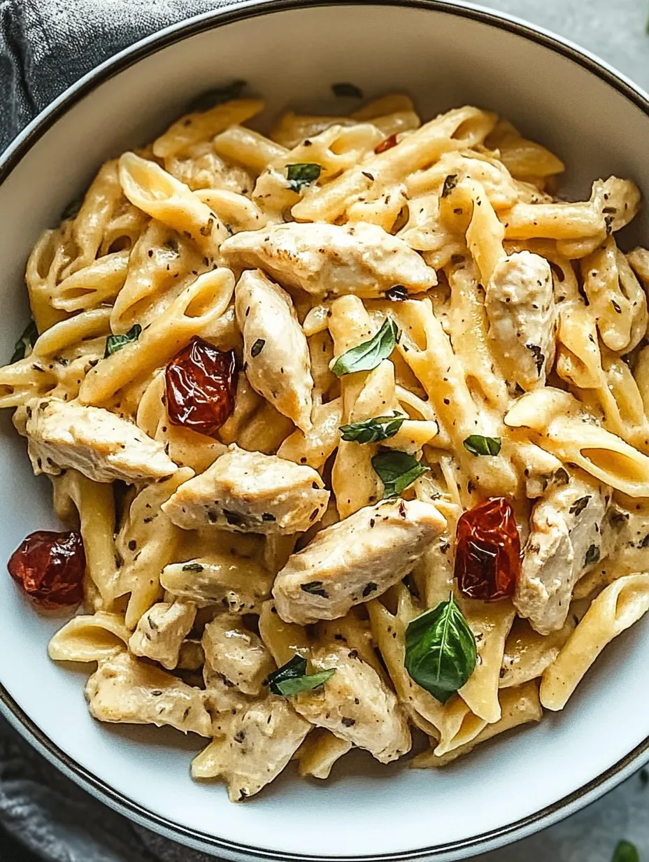 A bowl of chicken and pasta.