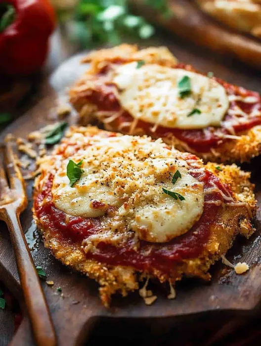 Two pieces of chicken parmesan on a wooden cutting board.