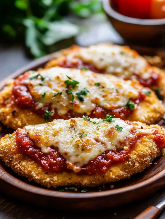 A plate of chicken parmesan with cheese and sauce.