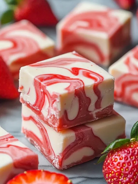 A close up of a piece of fudge with swirls of red and white.