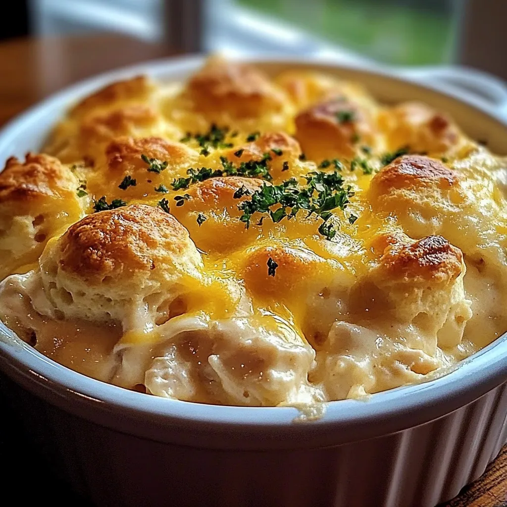 A casserole with biscuits and chicken.