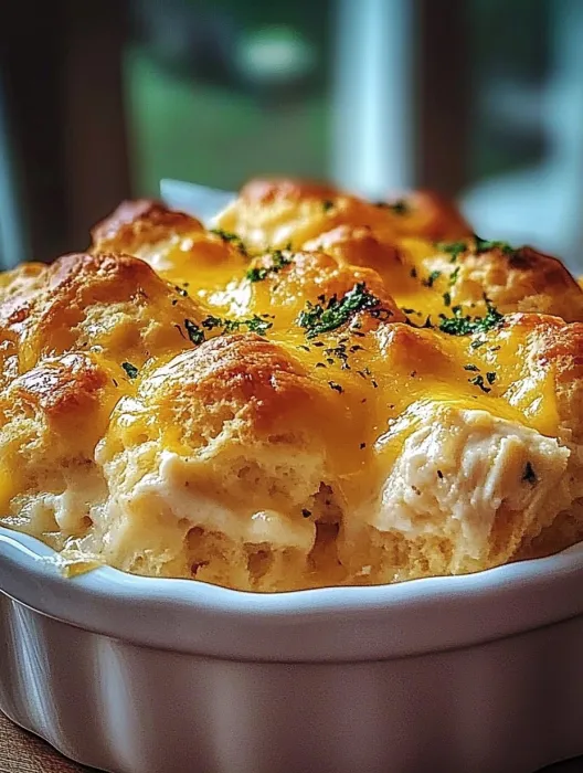 A bowl of chicken and biscuits casserole.
