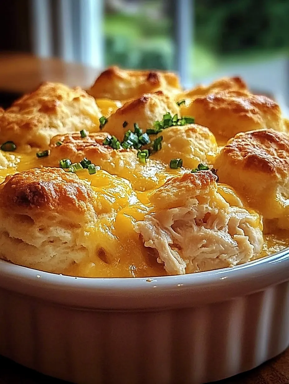 A bowl of chicken and biscuits casserole.