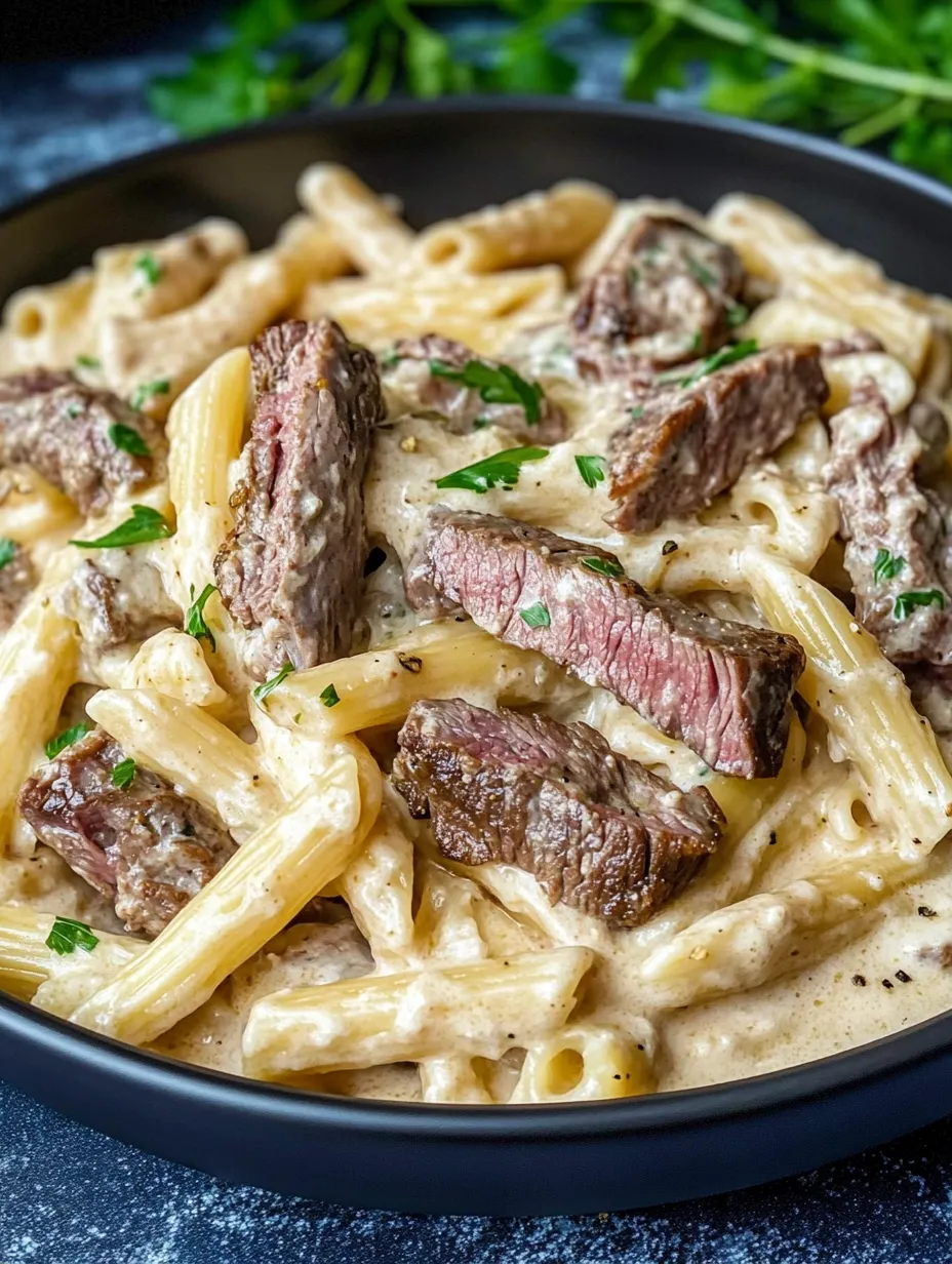 A bowl of creamy steak pasta.