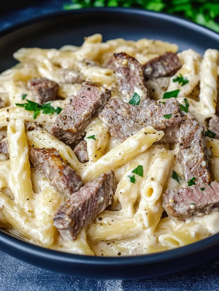 A bowl of creamy steak pasta.