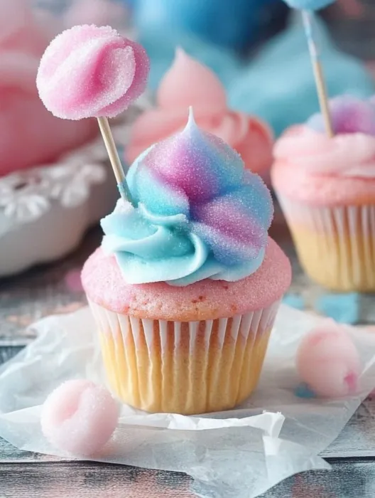A cupcake with cotton candy on top.