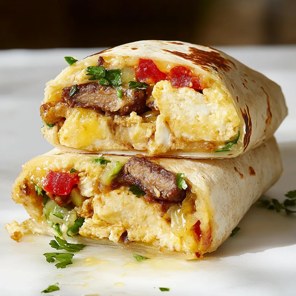 Two breakfast burritos with meat and vegetables.