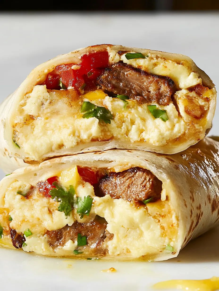 Two breakfast burritos with meat, eggs, and vegetables.