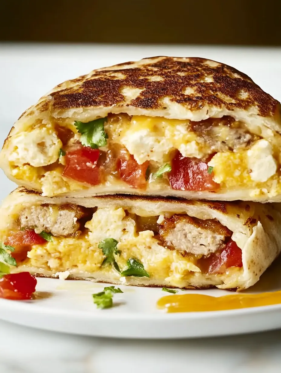 A breakfast burrito with eggs, sausage, and tomatoes.