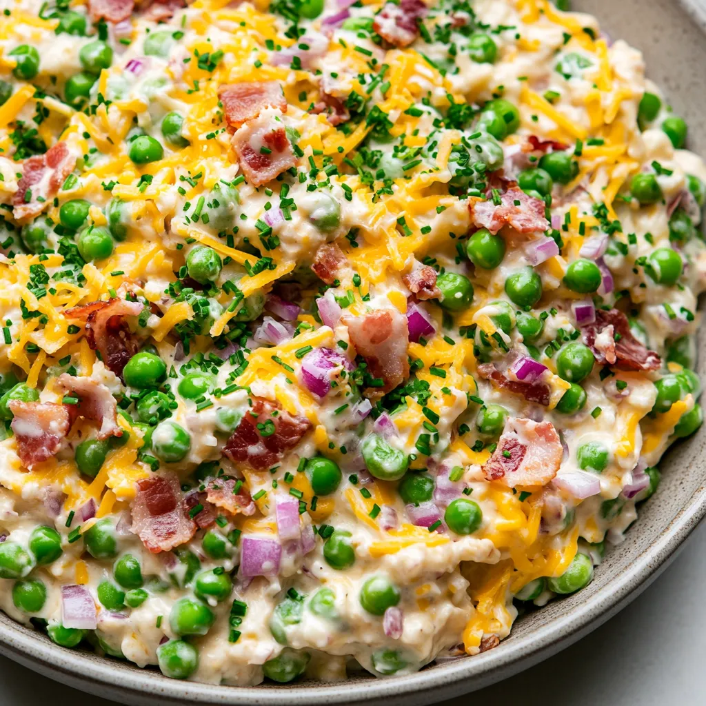 A bowl of pea salad with cheese and bacon.