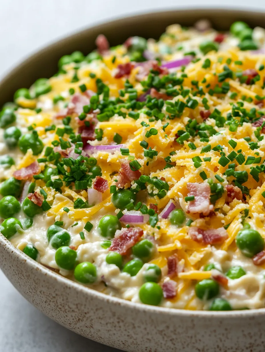 A bowl of pea salad with cheese and bacon.