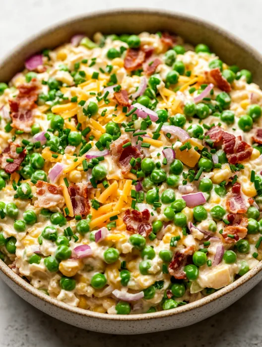 A bowl of pea salad with bacon and cheese.