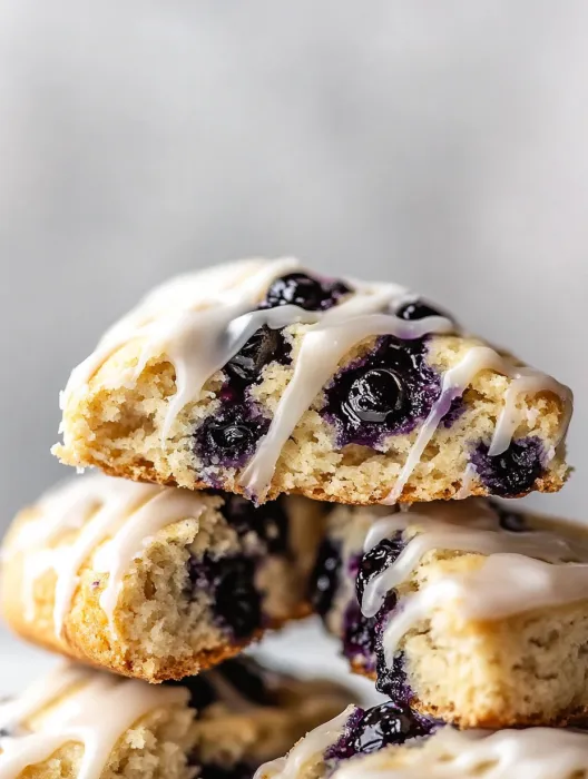 Two scones with blueberries and white icing.
