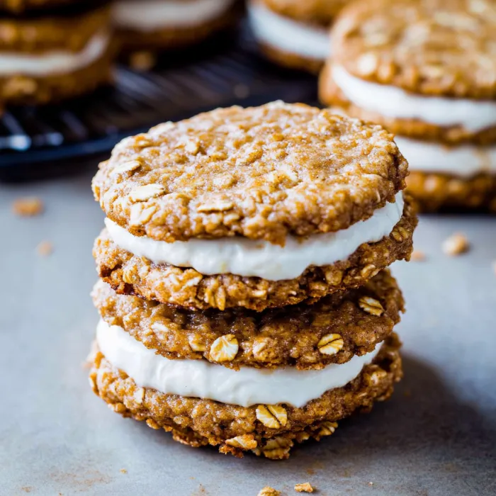 A stack of homemade oatmeal creme pies.