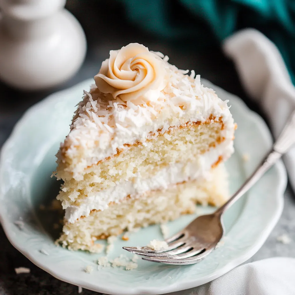 A slice of coconut cake on a plate.