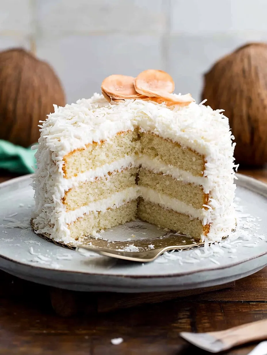 A slice of coconut cake on a plate.