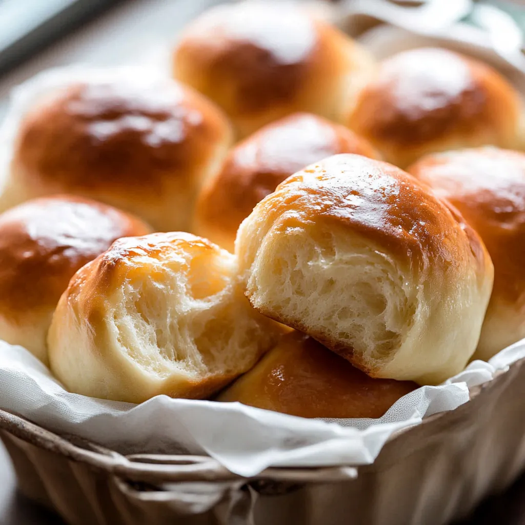 A basket of soft dinner rolls.