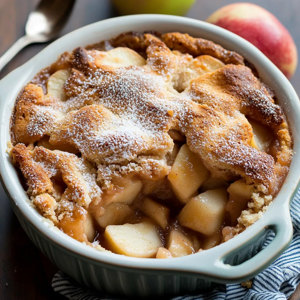 A bowl of apple cobbler with a spoon in it.