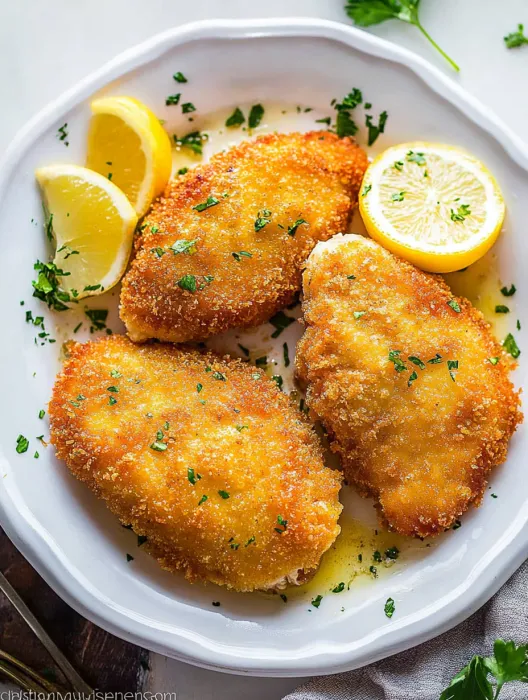 A plate of chicken kiev with lemon wedges on top.