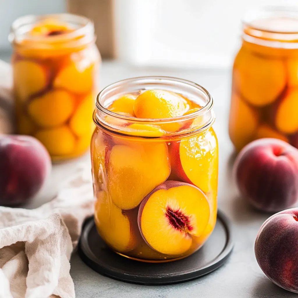 A jar of peaches with a wooden spoon in it.