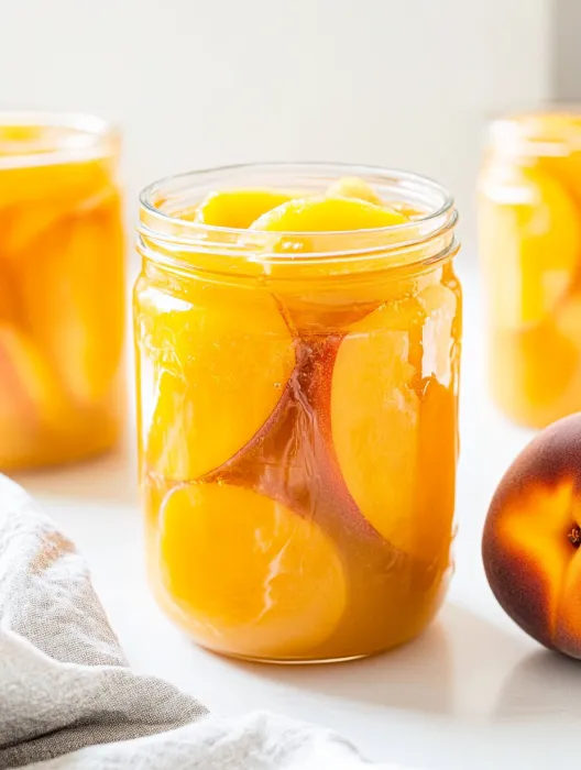 A jar of peaches with a peach on the side.