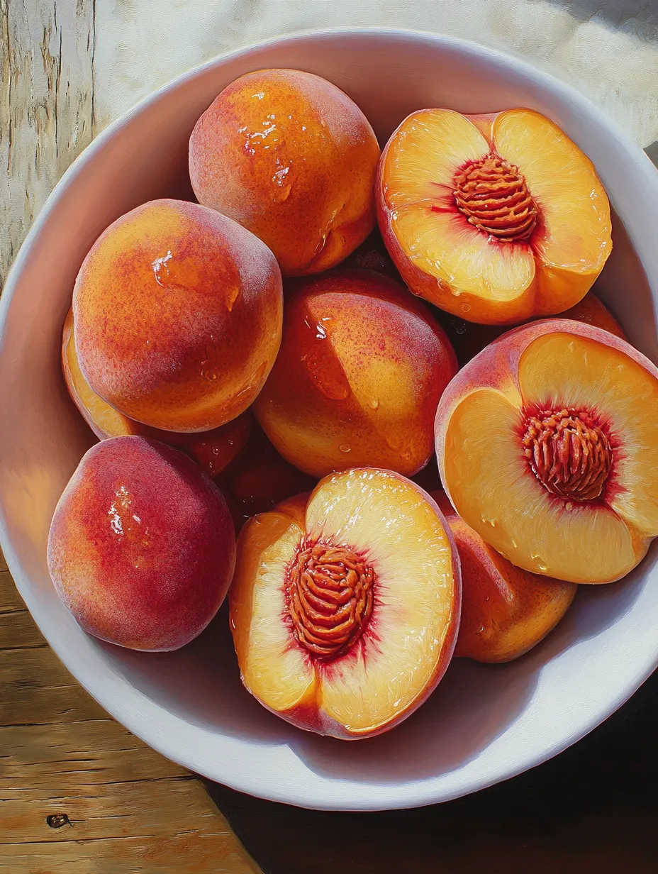A bowl of peaches with a red center.