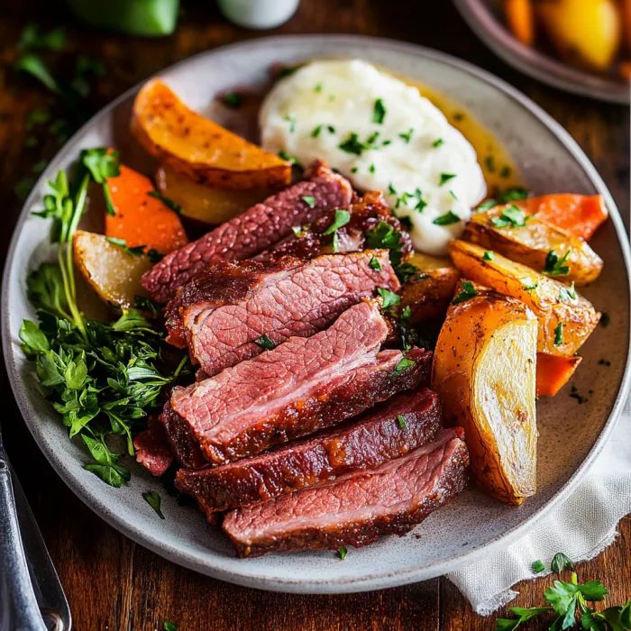 A plate of corned beef and potatoes.