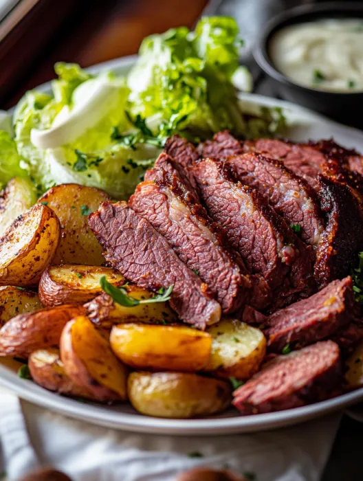 A plate of corned beef and potatoes.