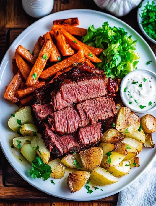 A plate of food with corned beef, potatoes, and carrots.