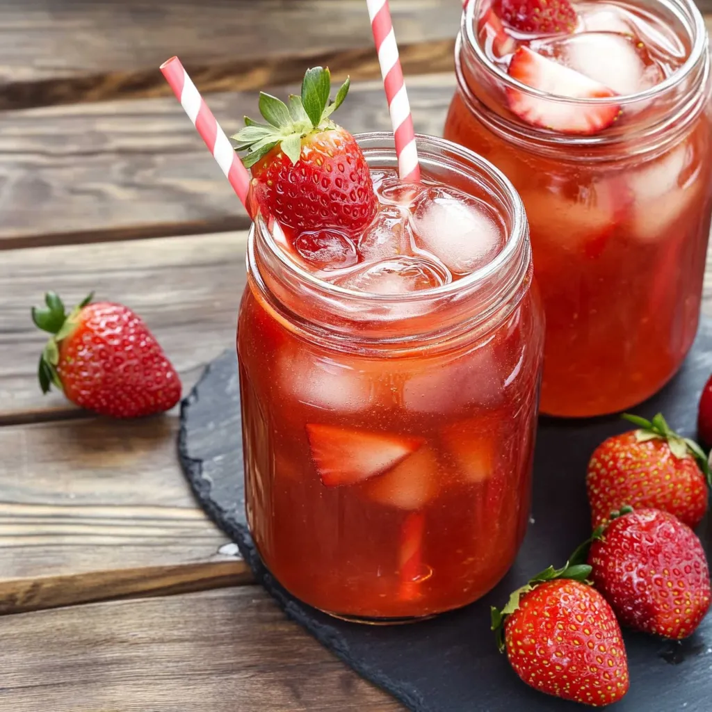 Two glasses of Southern Strawberry Sweet Iced Tea.