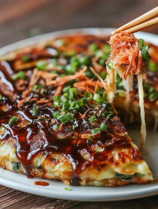 A slice of Okonomiyaki with sauce.