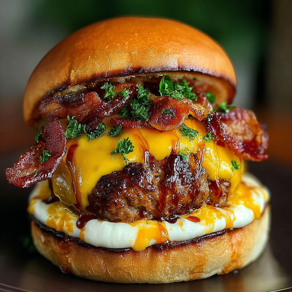 A close up of a bacon cheeseburger with lettuce and tomato.