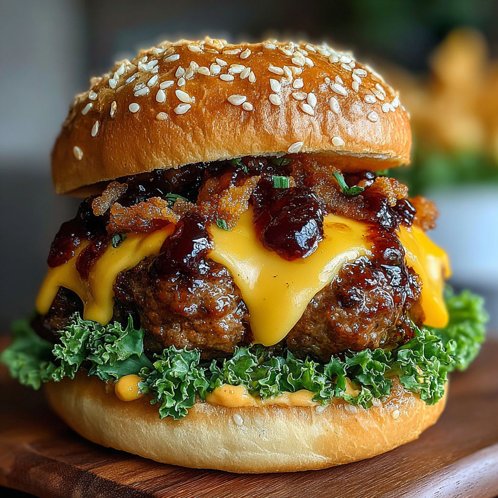 A close up of a burger with bacon and cheese.