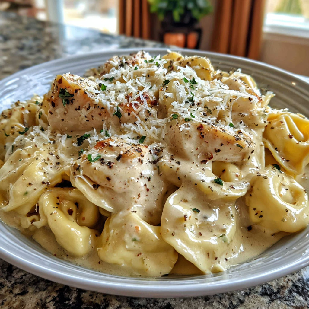 A plate of creamy cheese tortellini alfredo.