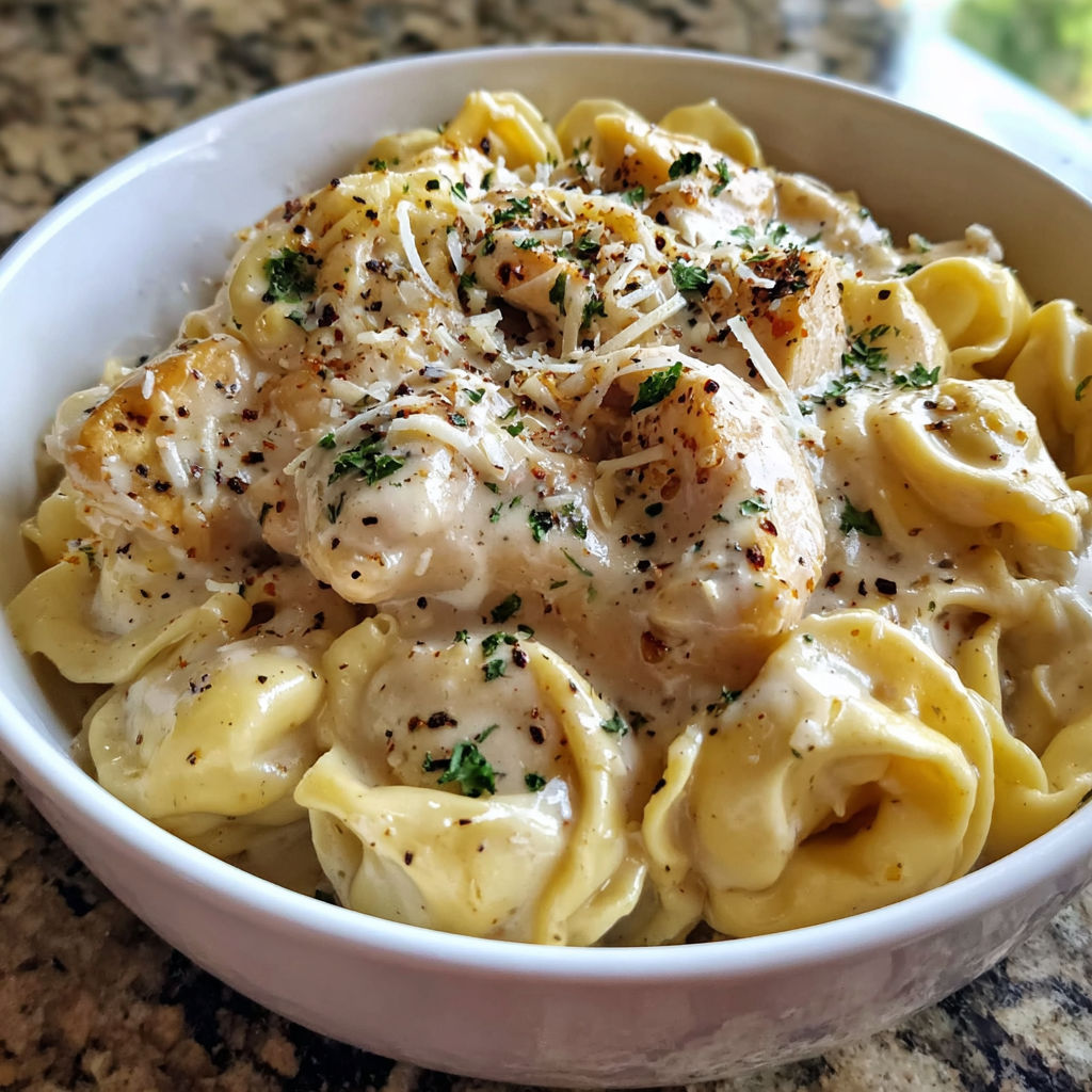 A bowl of pasta with chicken and cheese.