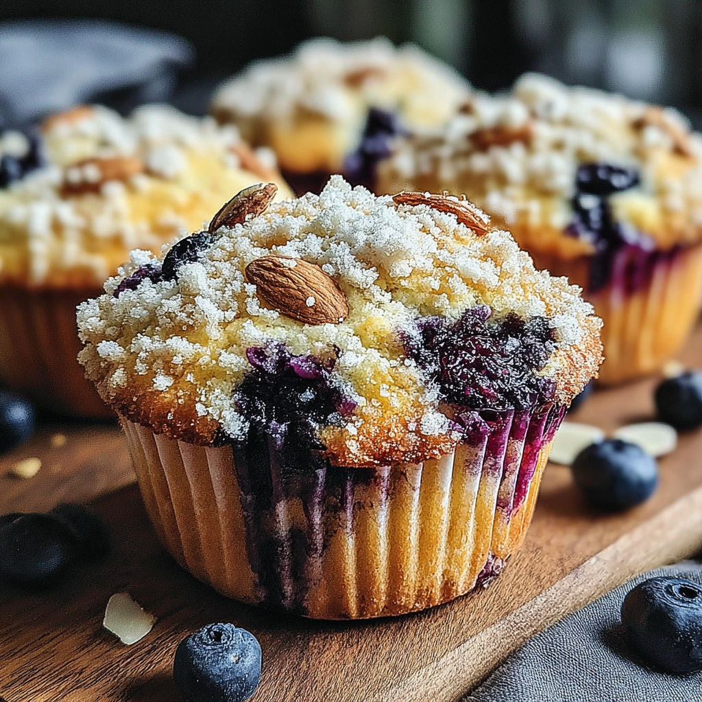 A close up of a blueberry muffin with nuts on top.