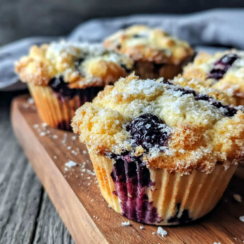 A close up of a blueberry muffin with powdered sugar on top.