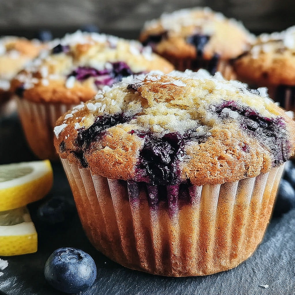 A close up of a blueberry muffin with a lemon wedge on the side.