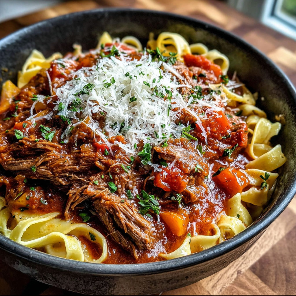 A bowl of beef ragu with pasta and cheese.
