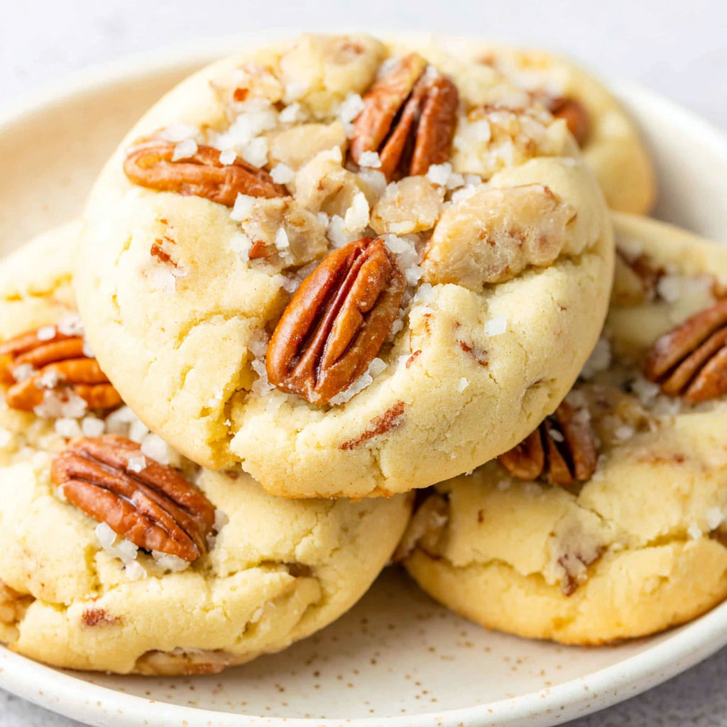 A plate of pecan cookies with white sugar on top.