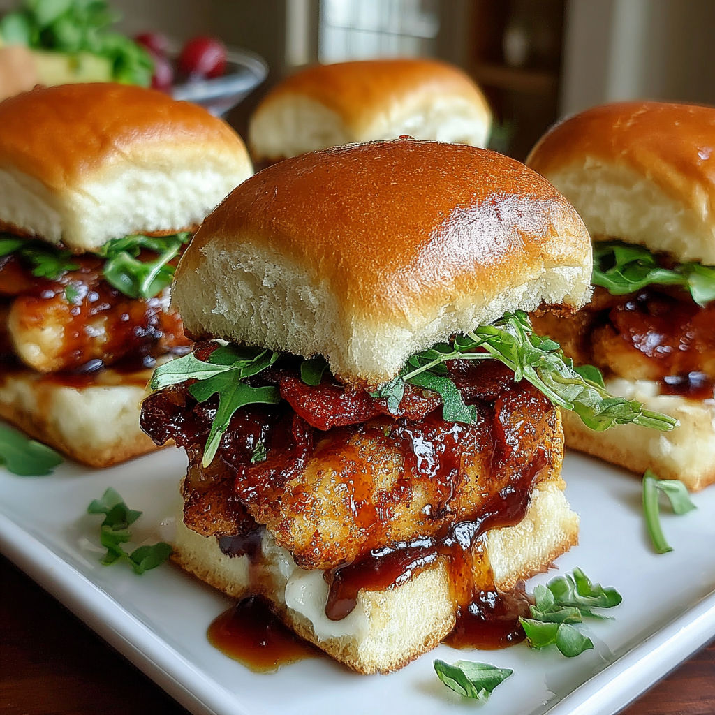 Maple chicken bacon sliders on a white plate.