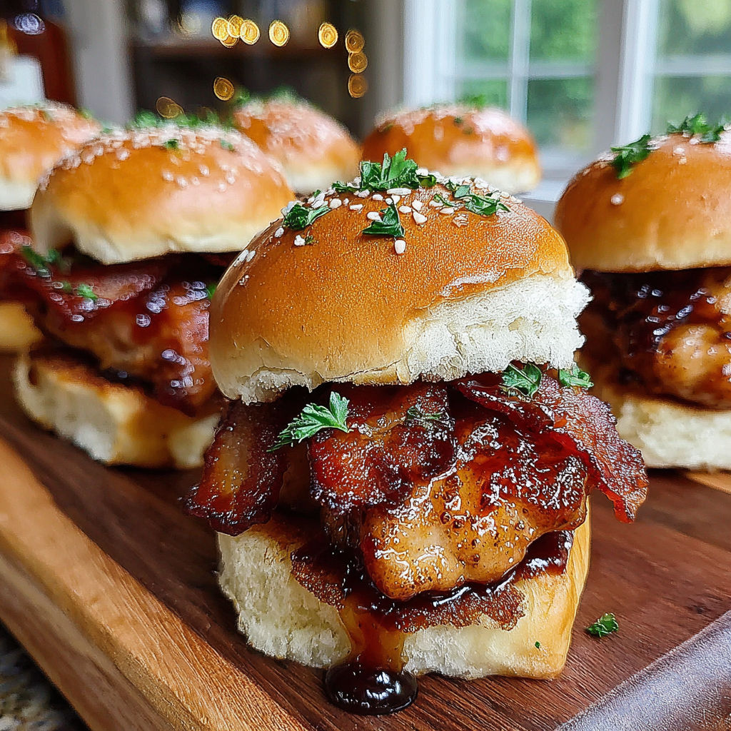 Bacon sandwiches with sesame seeds on a wooden tray.